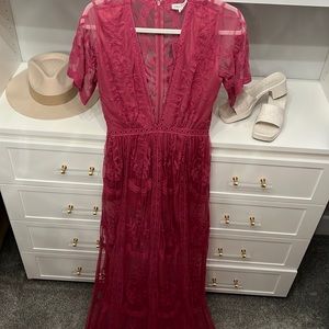Honey Punch Lace Maxi Deep V Short Sleeve Dress